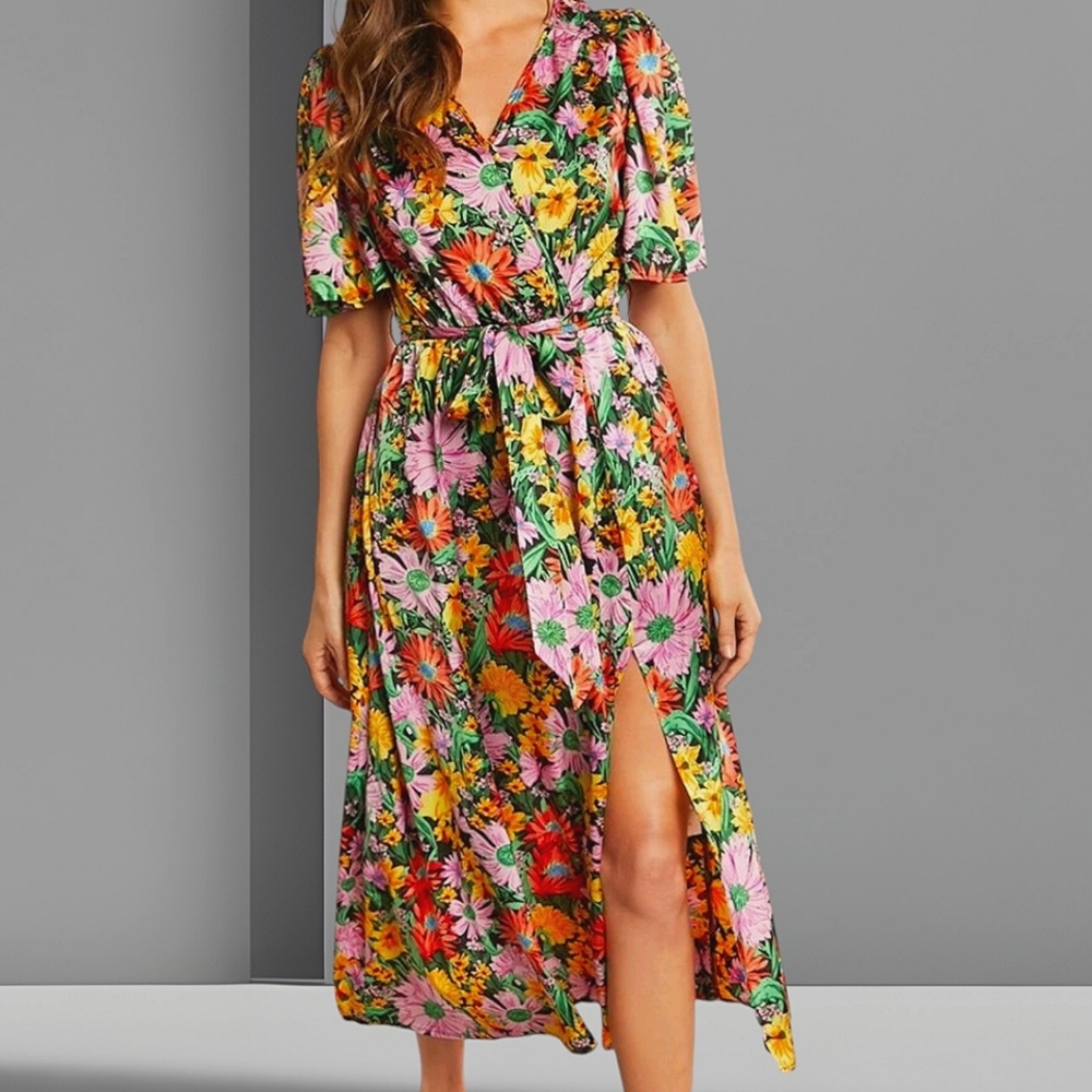 Multicolor Floral Print Butterfly Sleeve Belted Wrap Dress, Size 12 (XL)